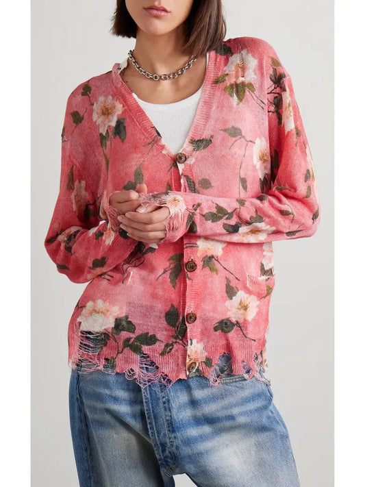 Distressed Floral-Print Linen Cardigan in Pink - Sweaters & Knitwear