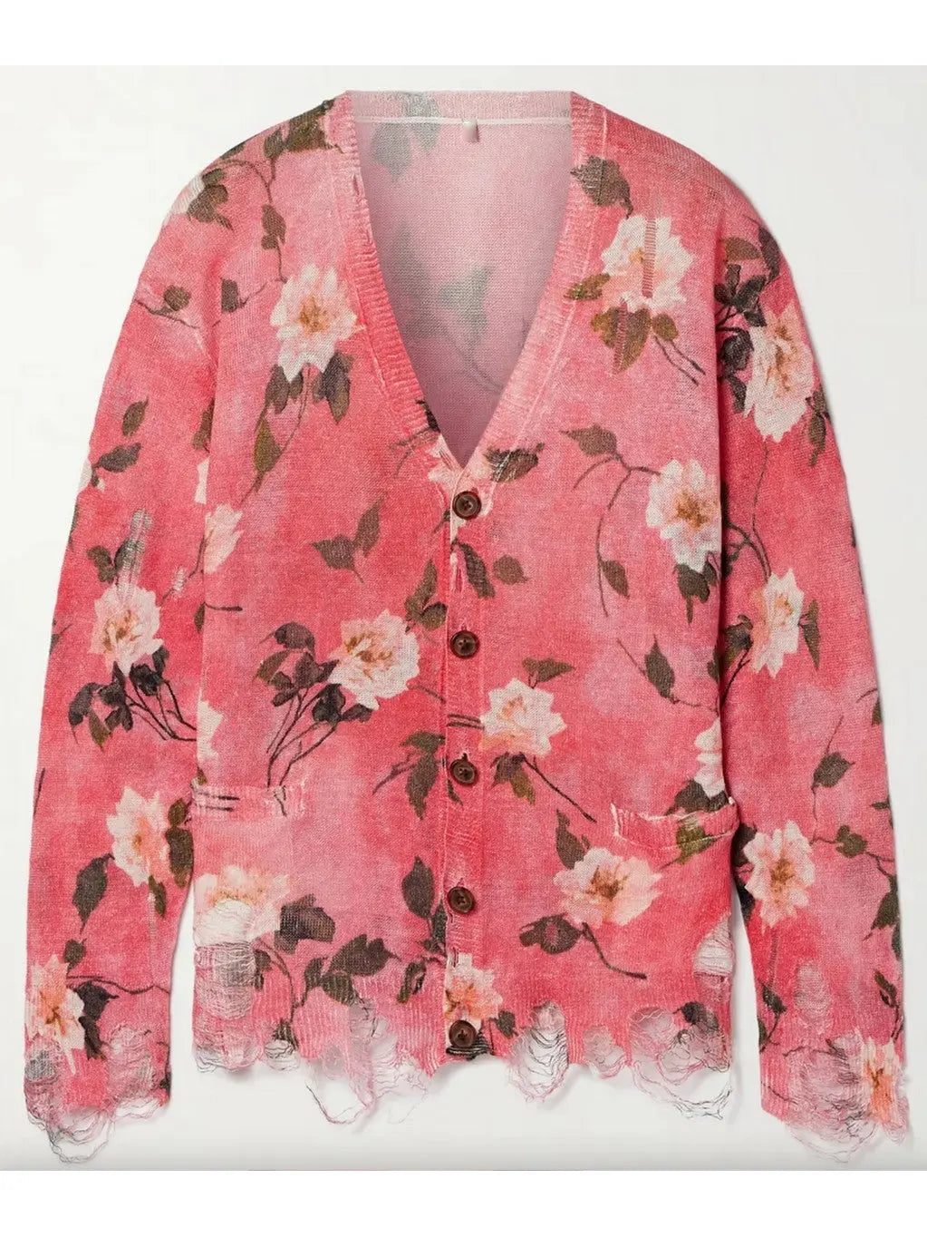 Distressed Floral-Print Linen Cardigan in Pink - Sweaters & Knitwear