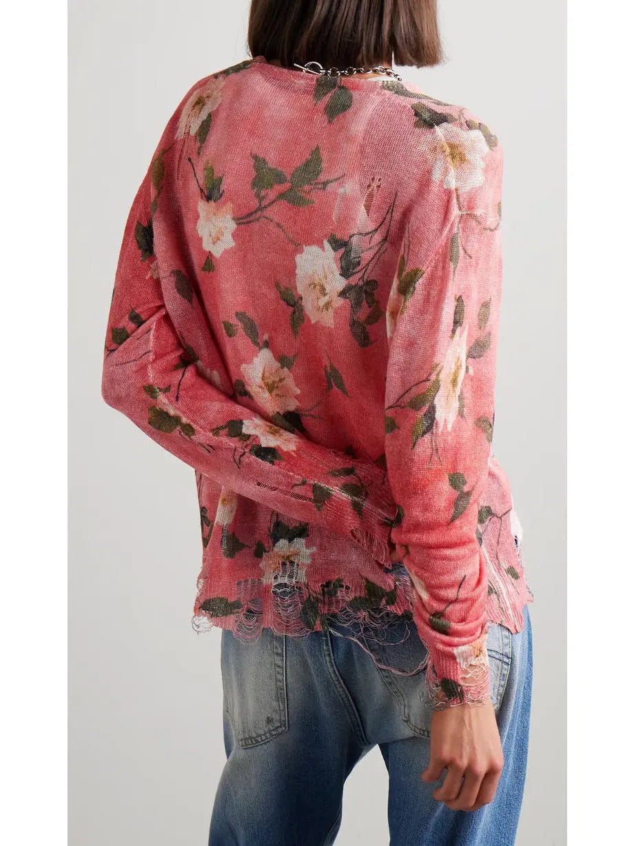 Distressed Floral-Print Linen Cardigan in Pink - Sweaters & Knitwear