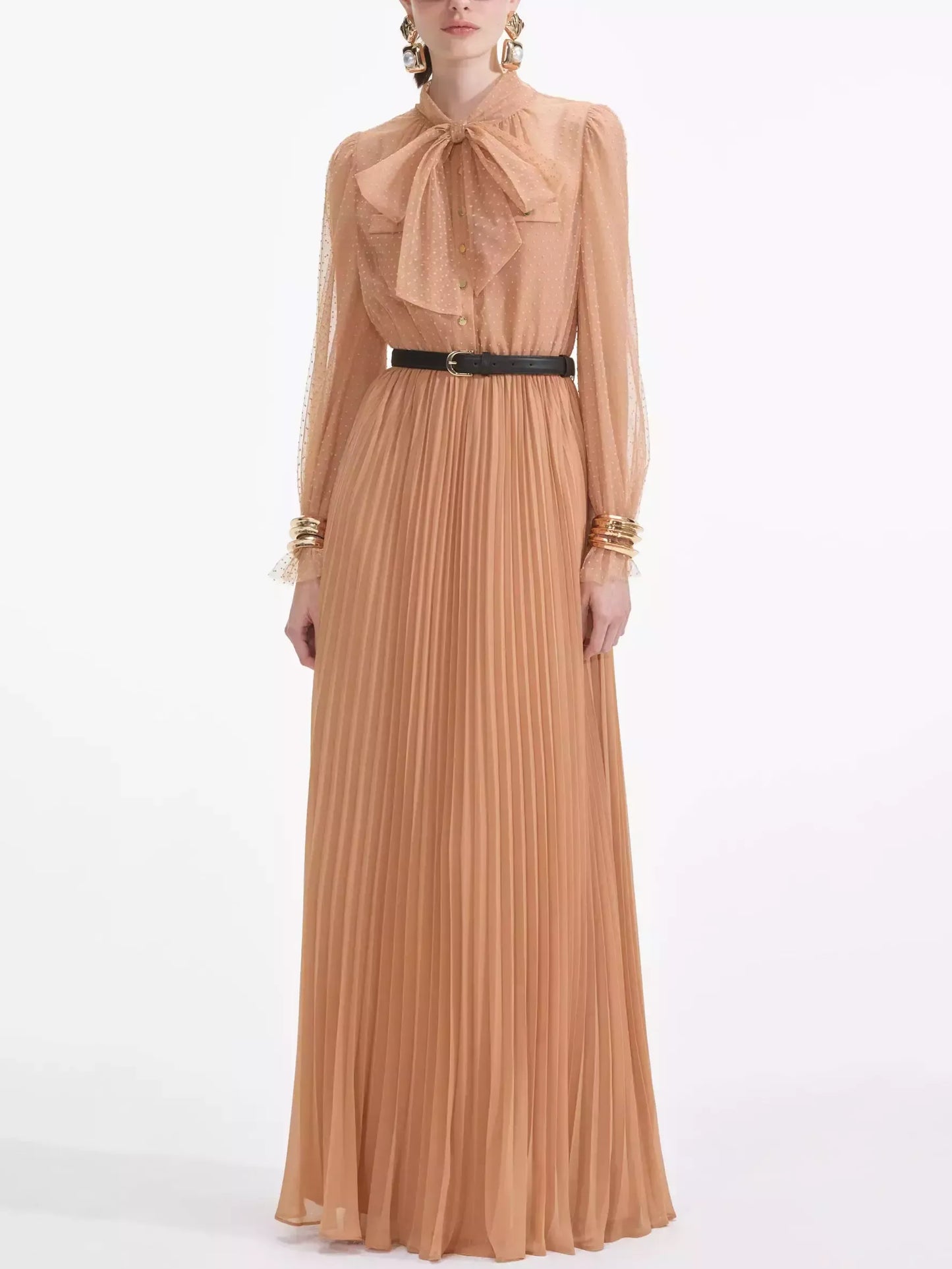 Dotted Mesh Gown with Neck-Tie - Dresses