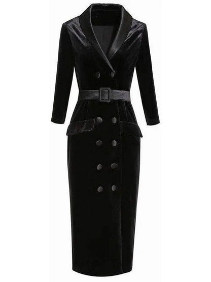 Double-Breasted Belted Velvet Midi Dress Black - s - Dresses