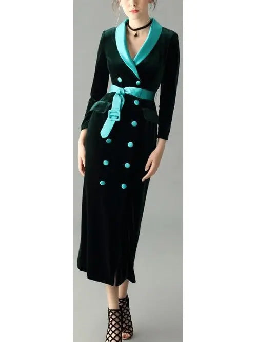 Double-Breasted Belted Velvet Midi Dress Green - Dresses