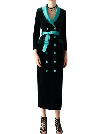 Double-Breasted Belted Velvet Midi Dress Green - Dresses