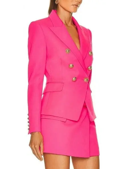 Double-Breasted Blazer and Skirt Set in Fuchsia Pink - Suits & Sets