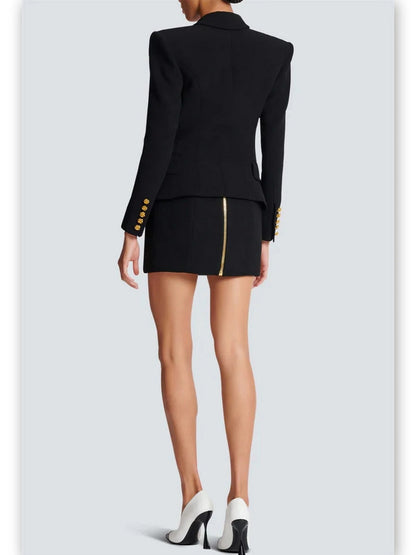 Double-Breasted Blazer and Suspender Mini Skirt Set - Suits & Sets