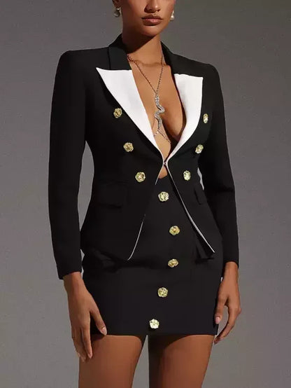 Double-Breasted Blazer and Suspender Mini Skirt Set - S - Suits & Sets