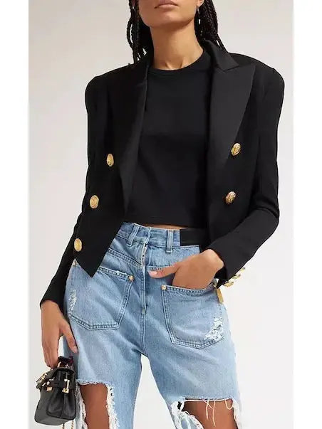 Double-Breasted Cropped Tuxedo Blazer Black - Jackets