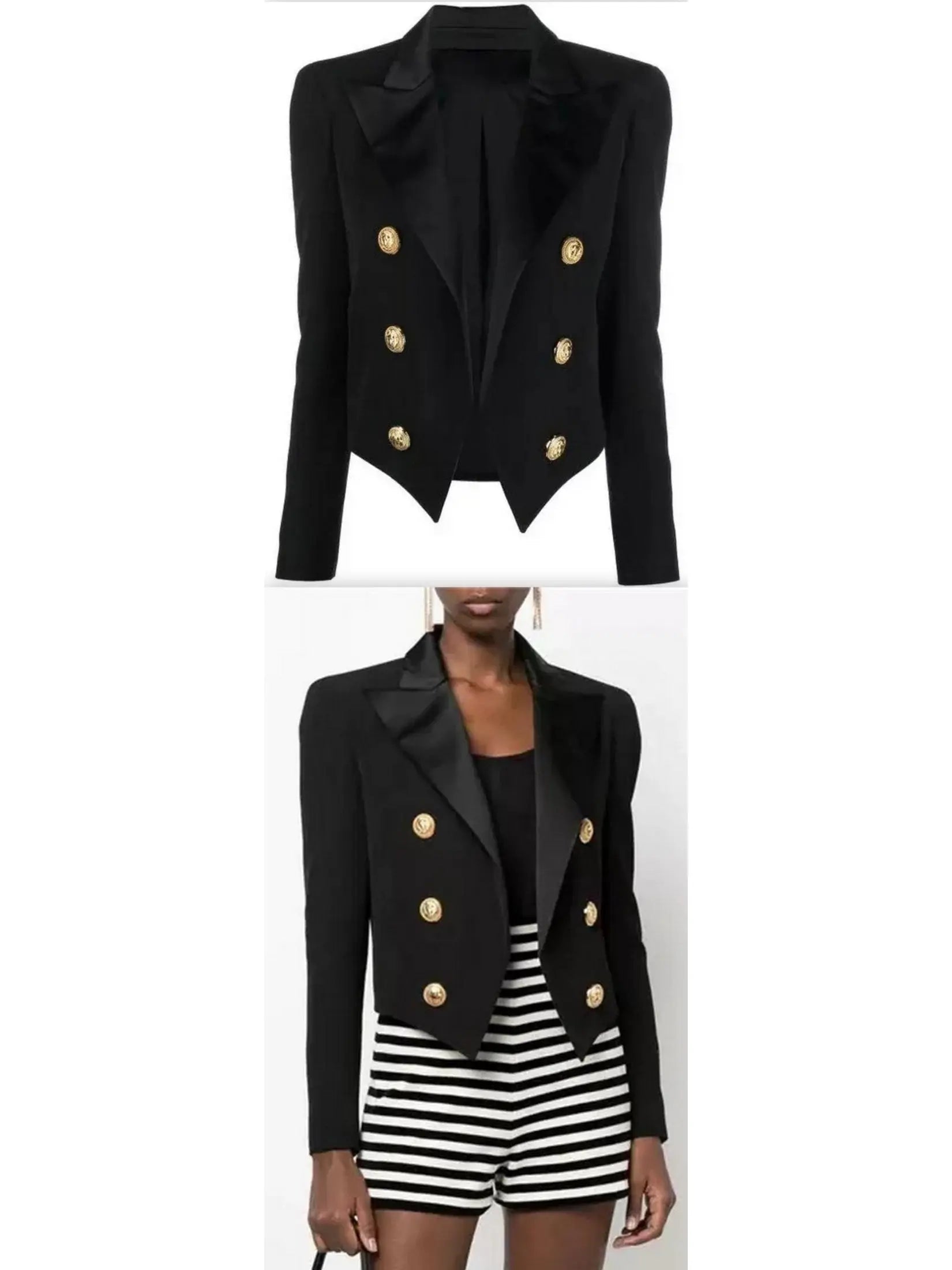 Double-Breasted Cropped Tuxedo Blazer Black - Jackets