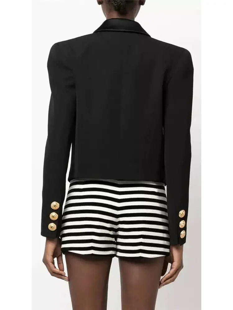 Double-Breasted Cropped Tuxedo Blazer Black - Jackets