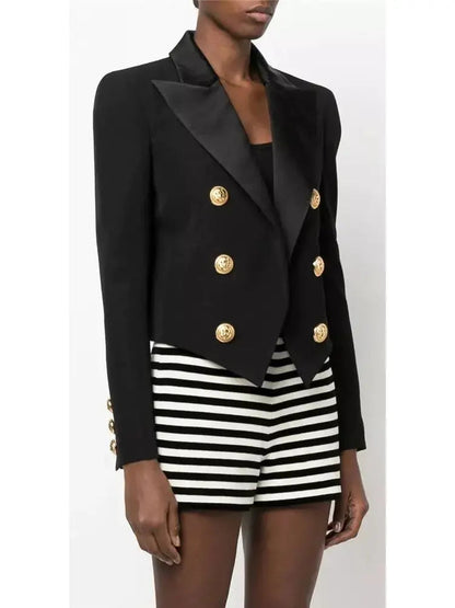 Double-Breasted Cropped Tuxedo Blazer Black - Jackets