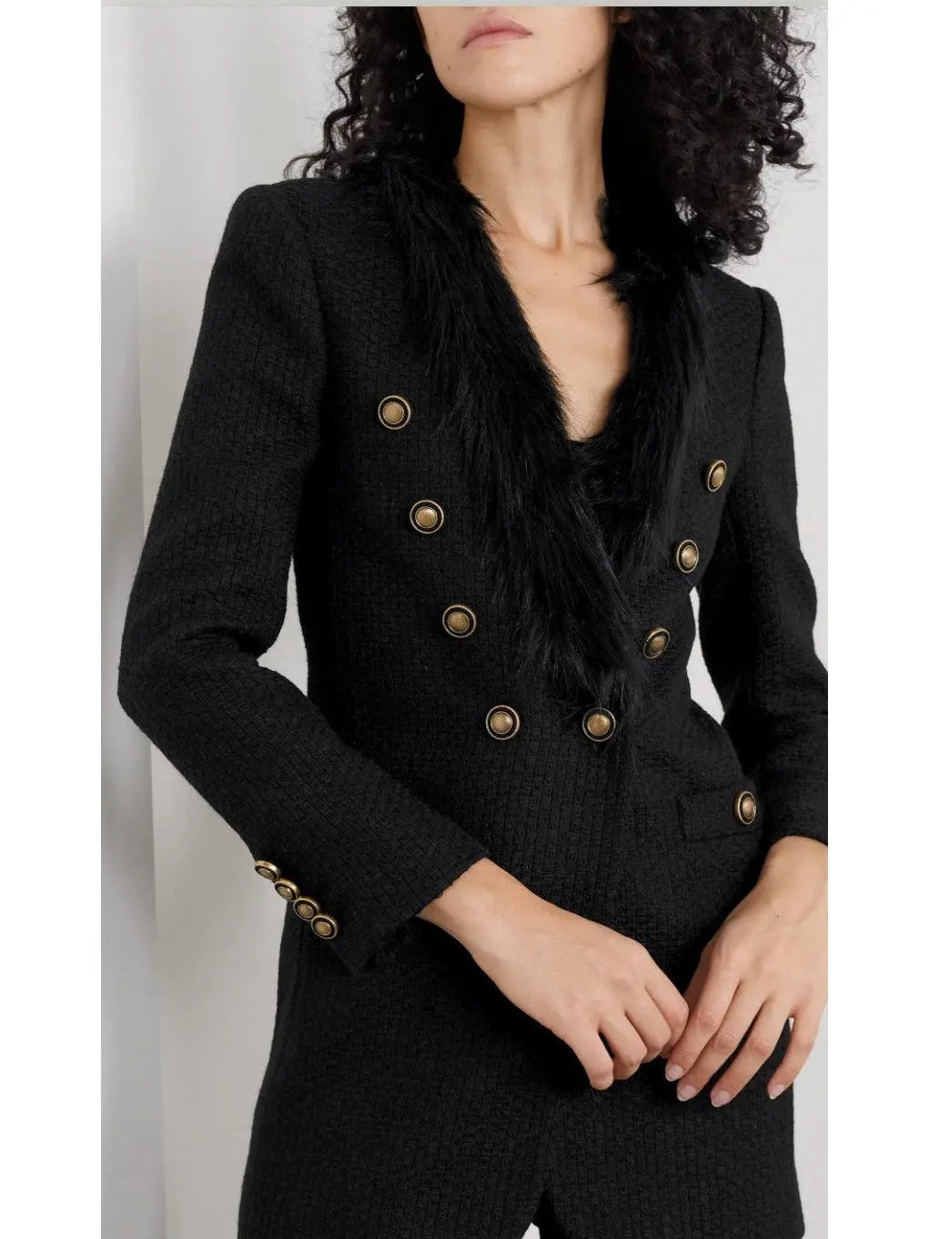 Double-Breasted Faux Fur-Trimmed Wool-Blend Tweed Blazer - Jackets