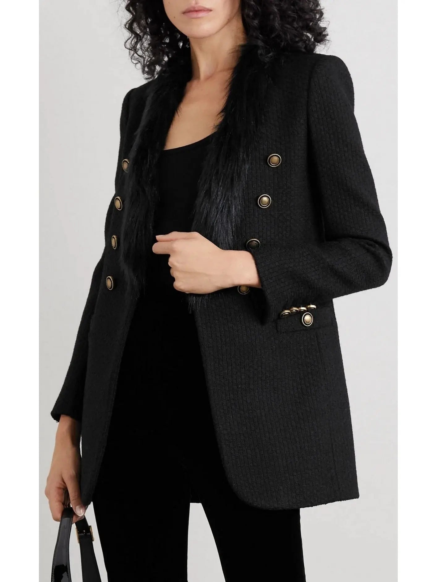 Double-Breasted Faux Fur-Trimmed Wool-Blend Tweed Blazer - Jackets