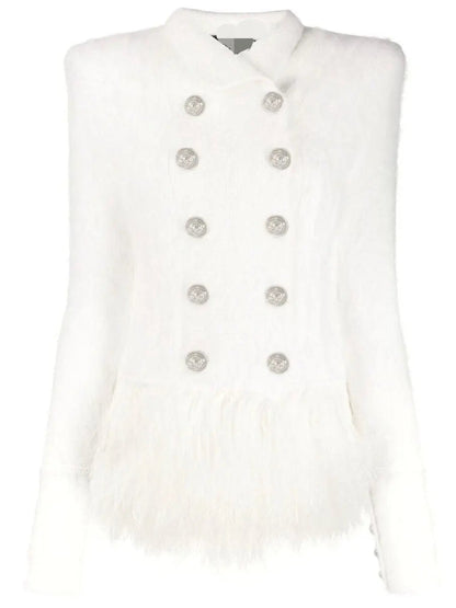 Double-Breasted Feather Trim Jacket White - Jackets