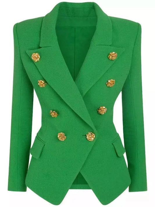 Double-Breasted Gold Button Embellished Blazer in Green - Jackets