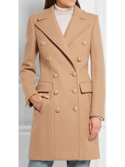 Double-Breasted Gold Metal Button Coat - Coats