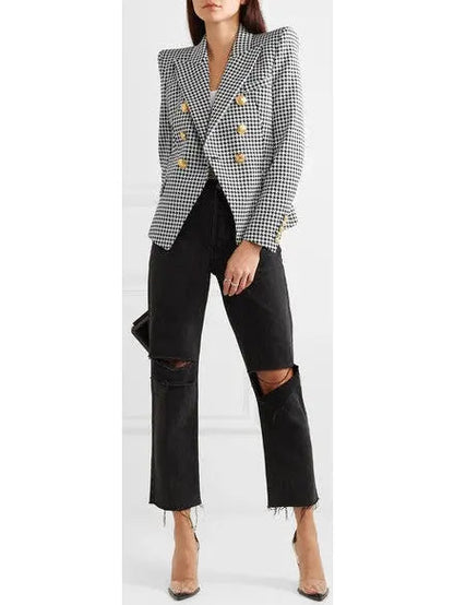 Double-Breasted Houndstooth Blazer - Jackets