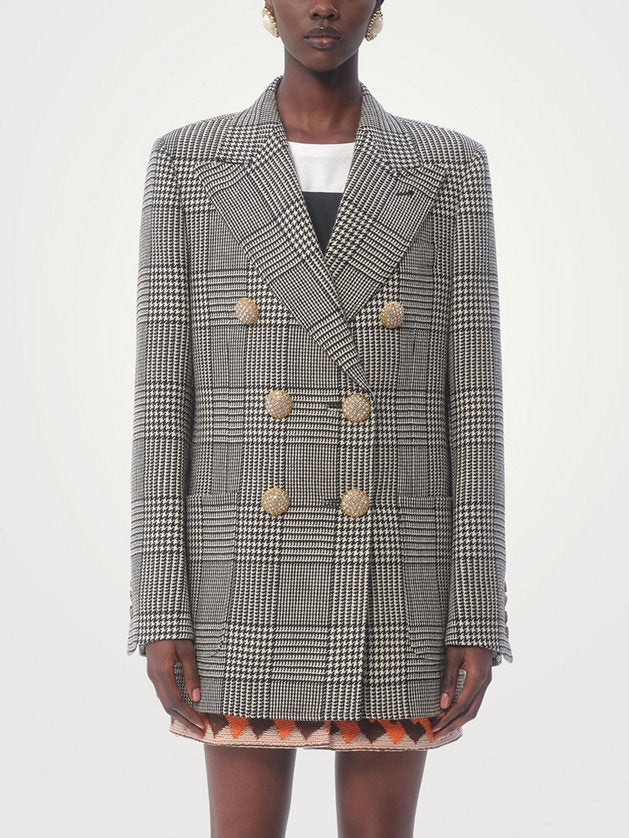 Double-Breasted Houndstooth Wool Blazer - Jackets