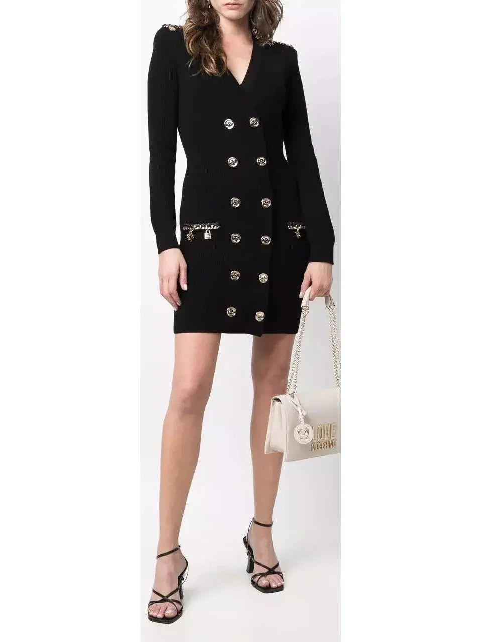 Double-Breasted Knit Mini Dress with Charm Details - Dresses