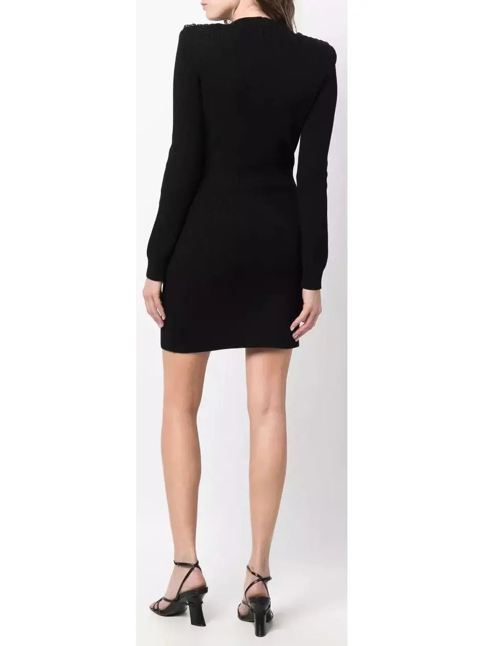 Double-Breasted Knit Mini Dress with Charm Details - Dresses