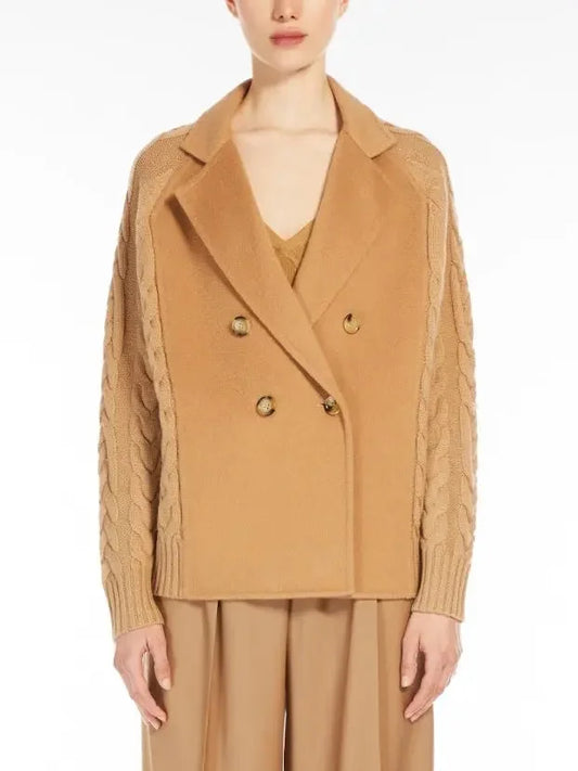 Double-Breasted Knit Pea Coat Jacket in Camel - Jackets