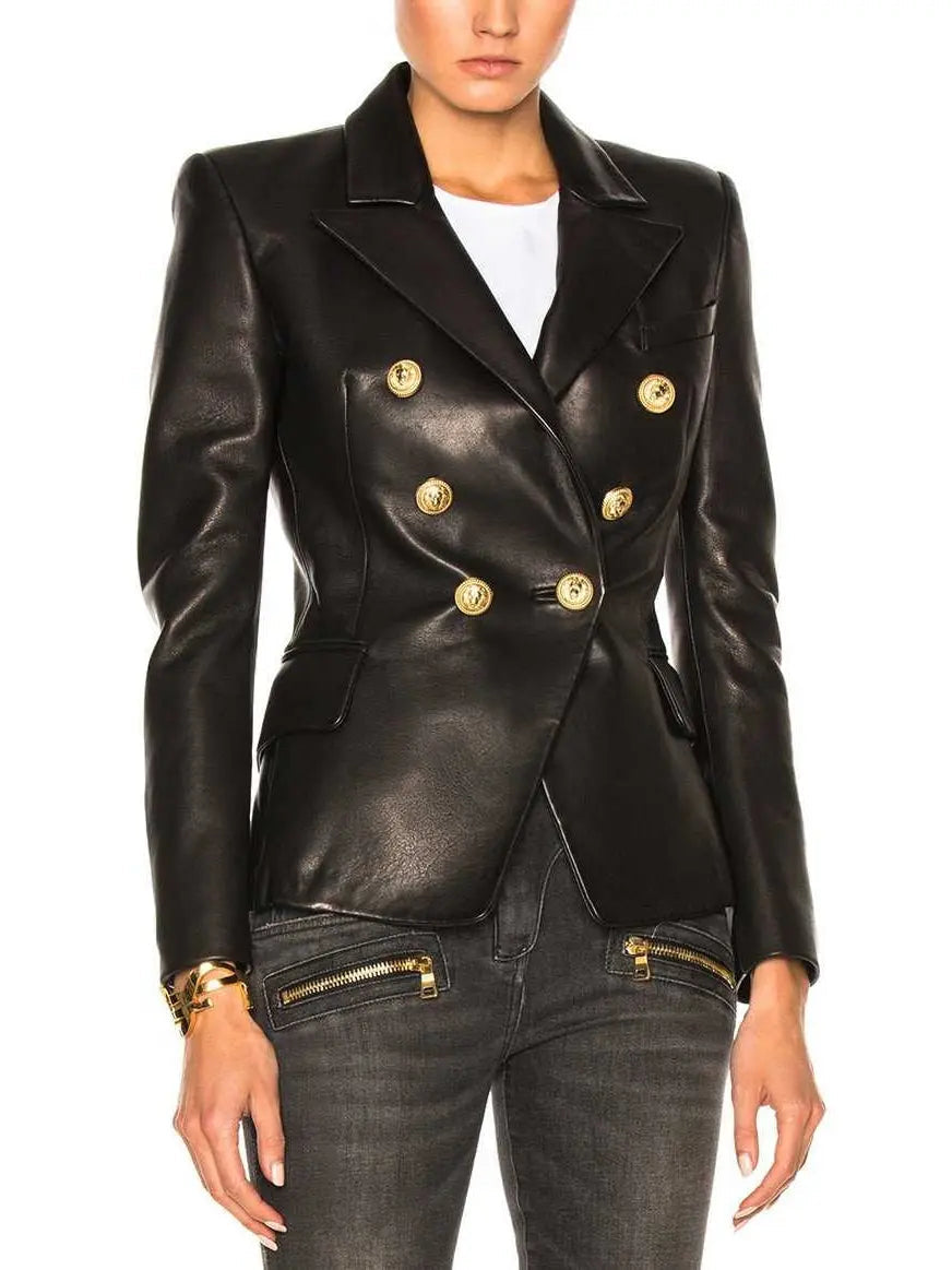 Double-Breasted Leather Blazer - Jackets