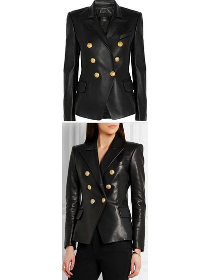 Double-Breasted Leather Blazer - s / Black - Jackets