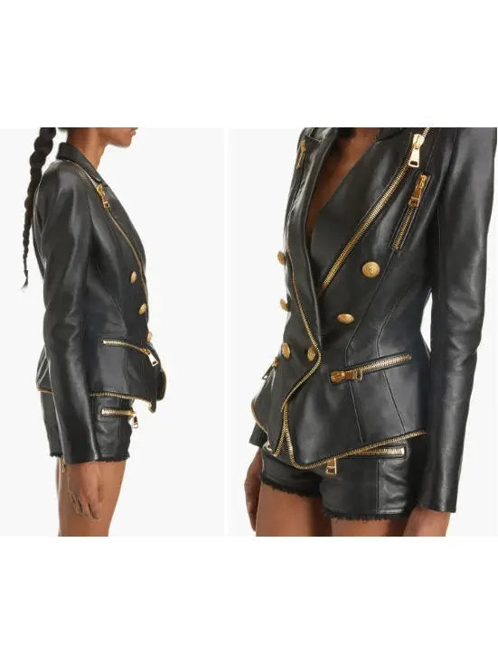 Double-Breasted Leather Jacket with Gold Buttons and Zippers - Jackets