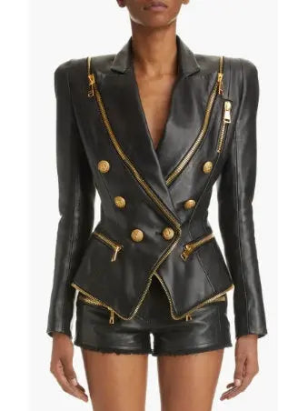 Double-Breasted Leather Jacket with Gold Buttons and Zippers - Jackets