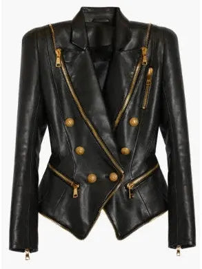 Double-Breasted Leather Jacket with Gold Buttons and Zippers - Jackets