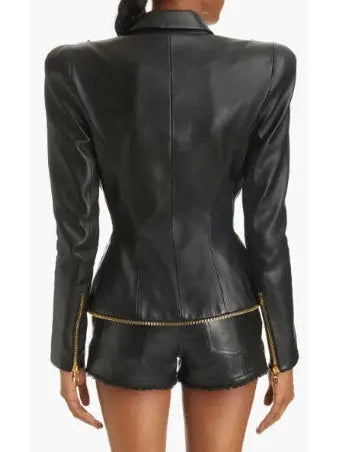 Double-Breasted Leather Jacket with Gold Buttons and Zippers - Jackets