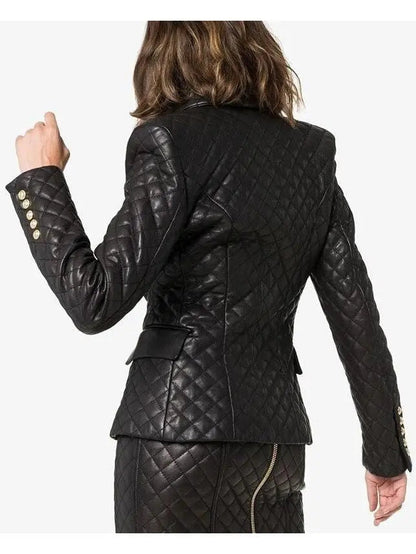 Double-Breasted Leather Quilted Blazer - Jackets