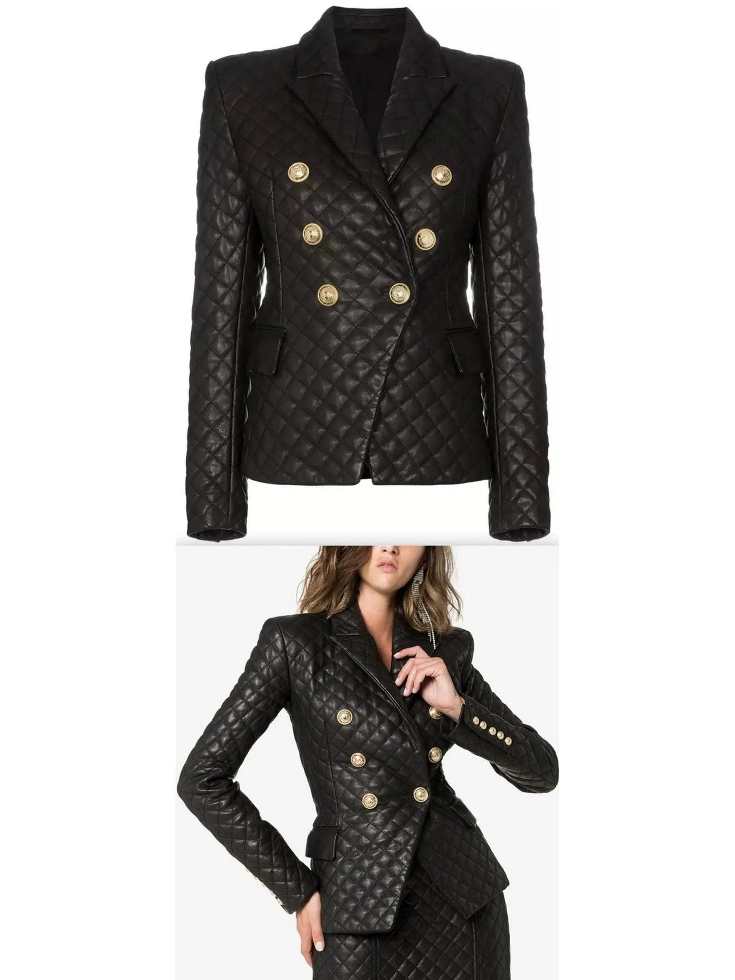 Double-Breasted Leather Quilted Blazer - small - Jackets