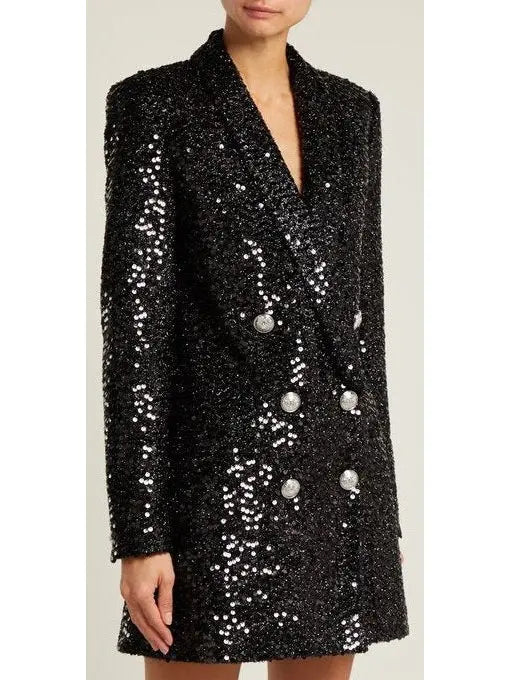 Double-Breasted Long Sequin Blazer in Black - Jackets