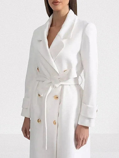 Double-Breasted Long White Wool-Blend Coat - Coats