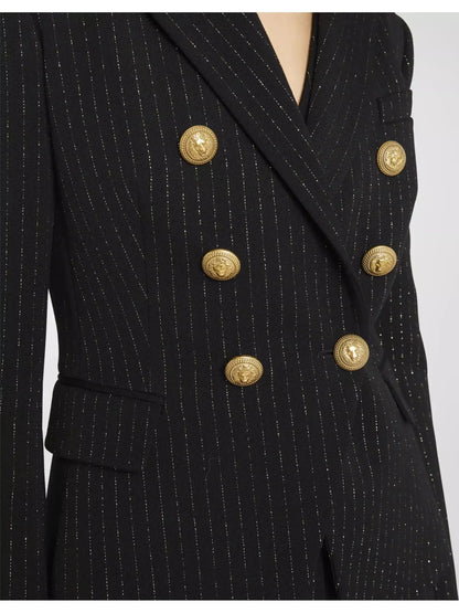 Double-Breasted Metallic Stripe Blazer Jacket - Jackets