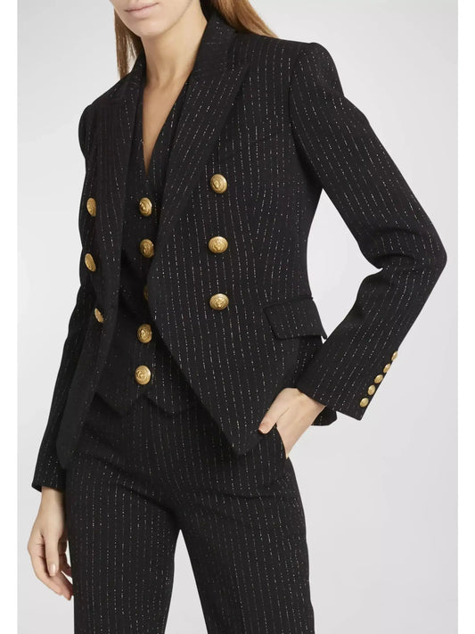 Double-Breasted Metallic Stripe Blazer Jacket - Jackets