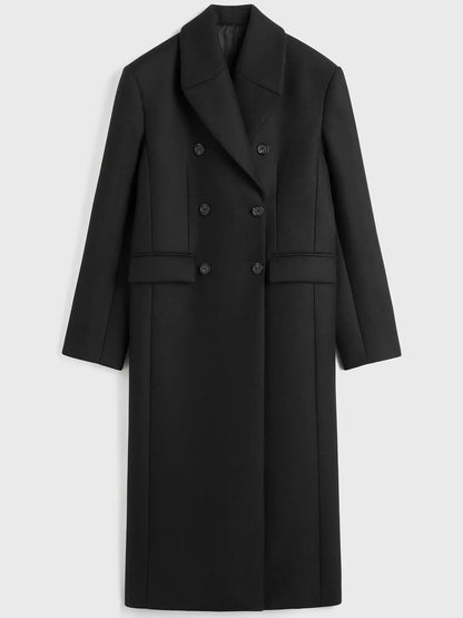 Double-Breasted Oversize Black Wool Coat - Coats