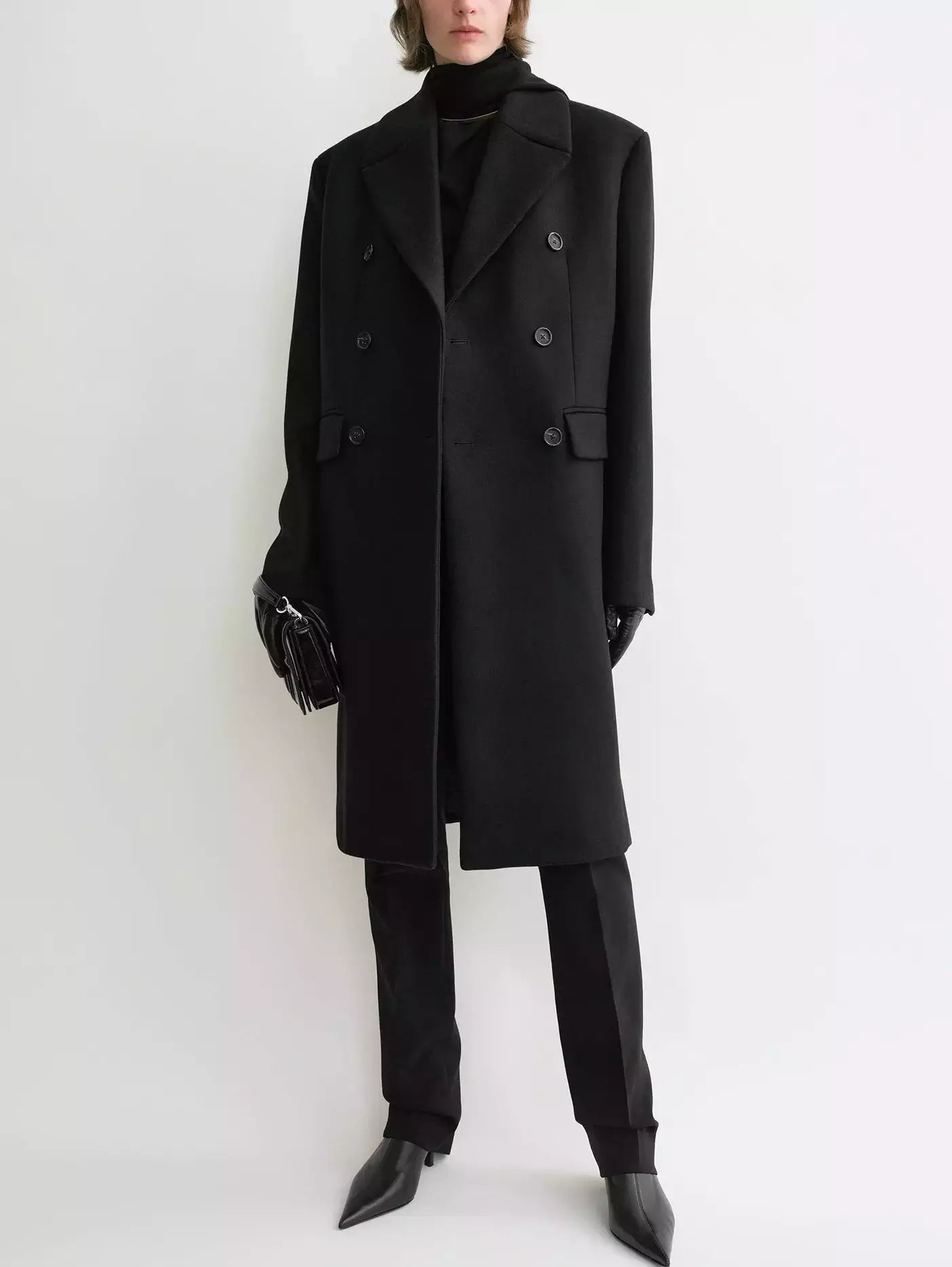 Double-Breasted Oversize Black Wool Coat - Coats