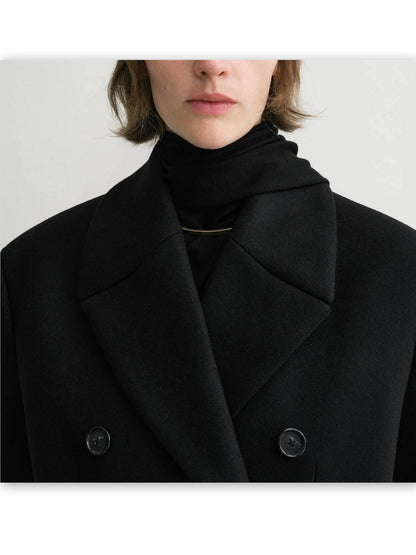 Double-Breasted Oversize Black Wool Coat - Coats