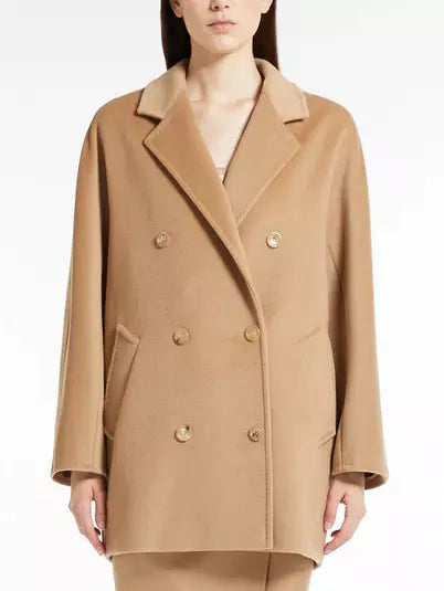 Double-Breasted Oversize Wool and Cashmere Coat in Camel - Coats