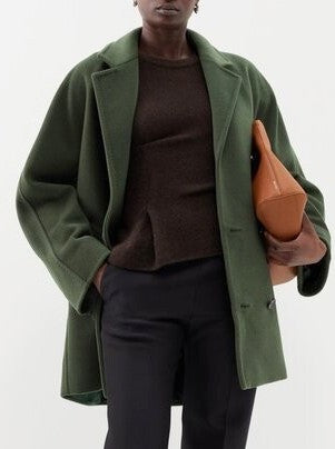 Double-Breasted Oversize Wool and Cashmere Coat in Green - Coats