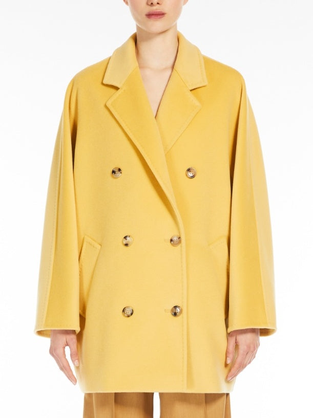 Double-Breasted Oversize Wool and Cashmere Coat in Yellow - Coats