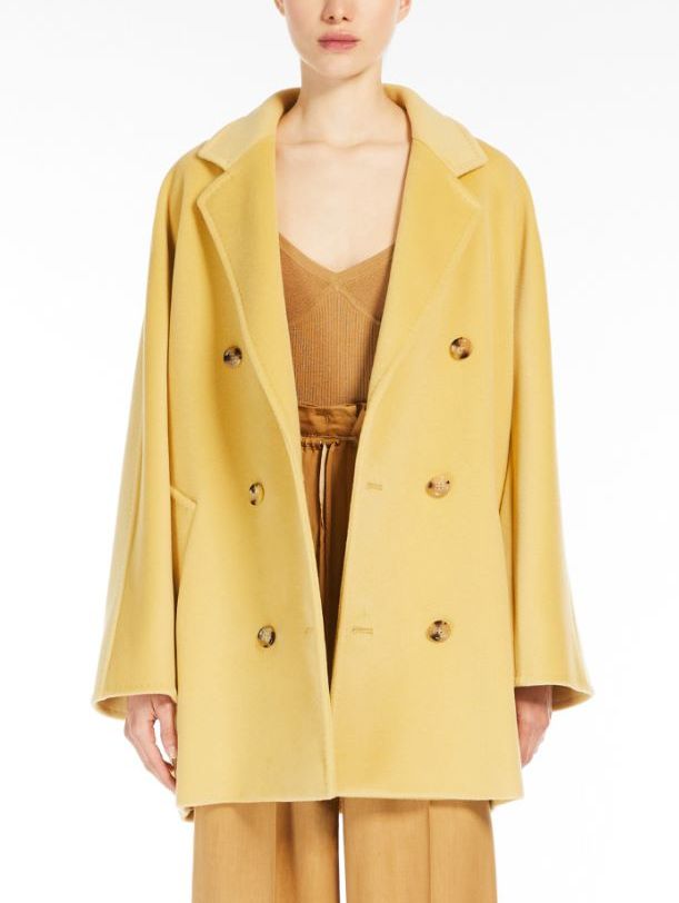 Double-Breasted Oversize Wool and Cashmere Coat in Yellow - Coats