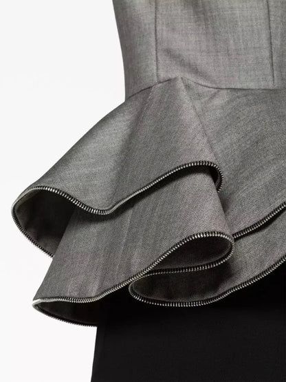 Double-Breasted Peplum Blazer in Gray with Zipper Trim - Jackets