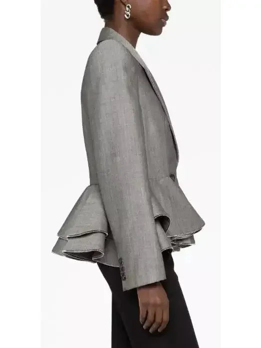 Double-Breasted Peplum Blazer in Gray with Zipper Trim - Jackets