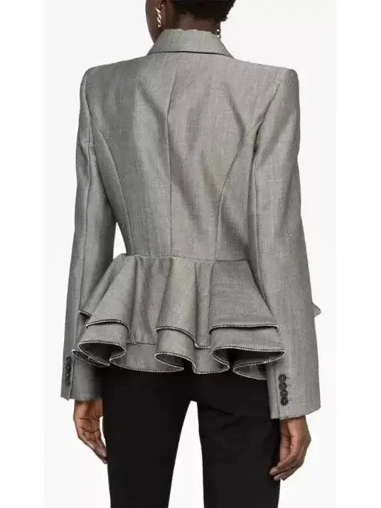 Double-Breasted Peplum Blazer in Gray with Zipper Trim - Jackets
