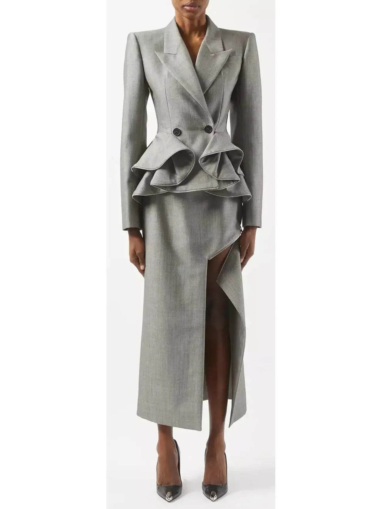 Double-Breasted Peplum Blazer in Gray with Zipper Trim - Jackets
