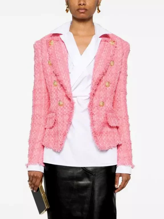 Double-Breasted Pink Tweed Jacket - Jackets