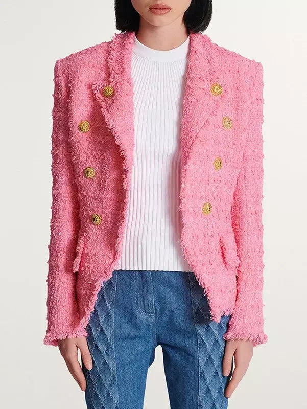 Double-Breasted Pink Tweed Jacket - Jackets