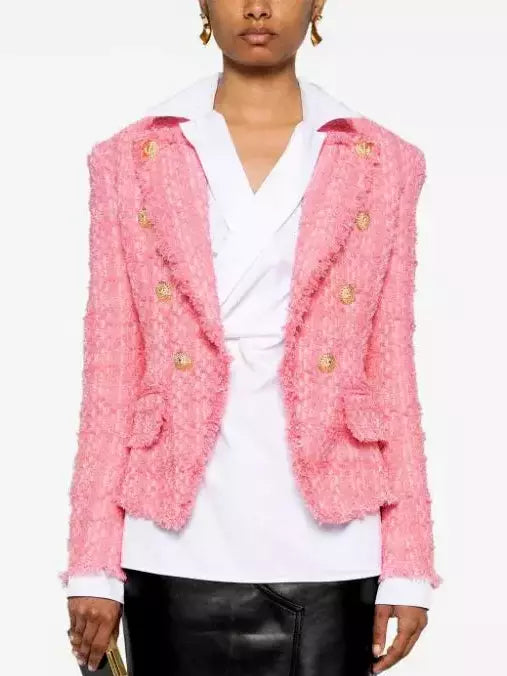 Double-Breasted Pink Tweed Jacket - Jackets